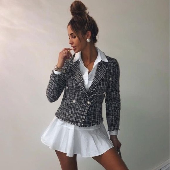 Trist Black & White Pearl Detail Tweed Blazer - Picture 2 of 11